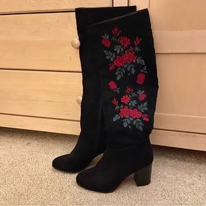 Black faux suede knee high boots with floral rose embroidery